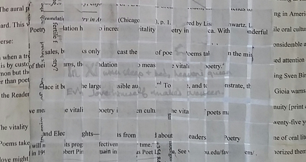 curtain made from woven manuscript pages annotated with couplets from Chapman's Homer